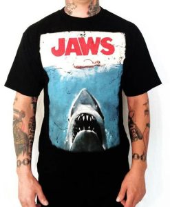 Jaws Movie Poster Black Distressed Logo T-Shirt